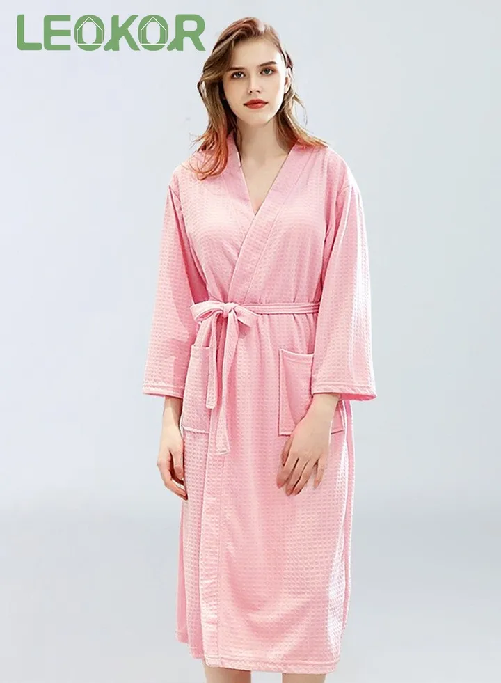 Women Bathrobe Waffle Weave Lightweight Kimono Spa Bathrobe for Lady Pink M (40-60Kg)