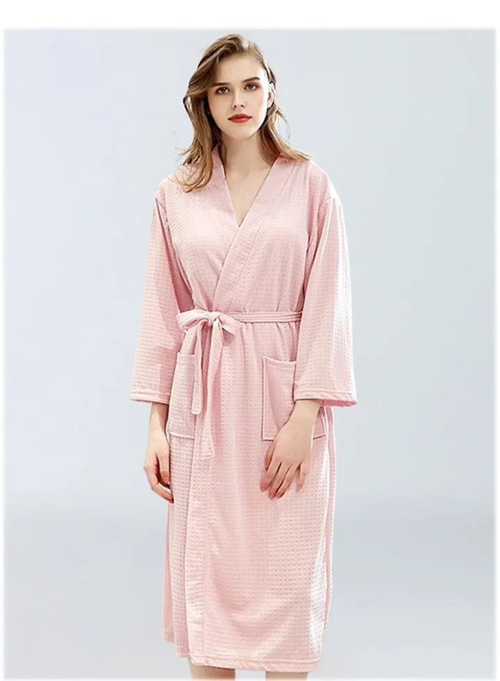 Women's Lightweight Waffle Weave Robes, Soft Cotton Bathrobe Kimono Spa Bath Robe (Pink L)