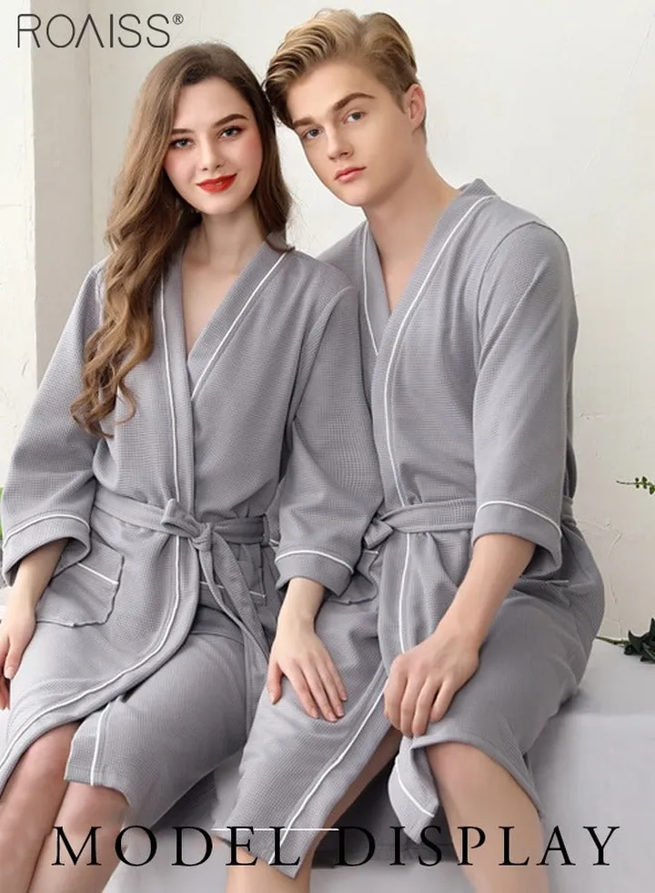 Cozy Couple'S Waffle Bathrobe Men'S And Women'S Side Utility Pockets Waistband Cinch Loungewear
