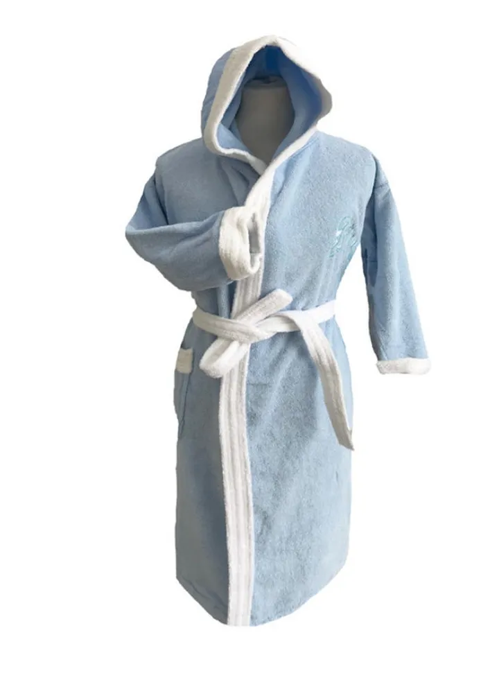 Kids Hooded Bath Robe For 10 Years Light Blue/White SNone