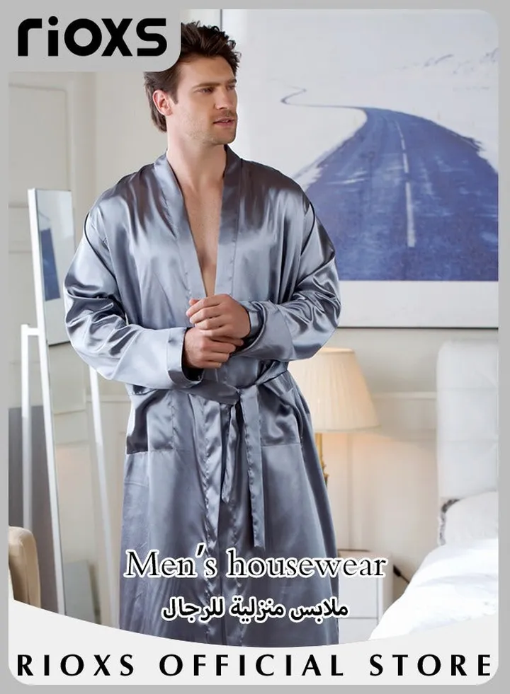Men's Satin Robe Silk Long Sleeve Solid Lightweight Kimono Bathrobe Long Bathrobe Sleepwear Loungewear