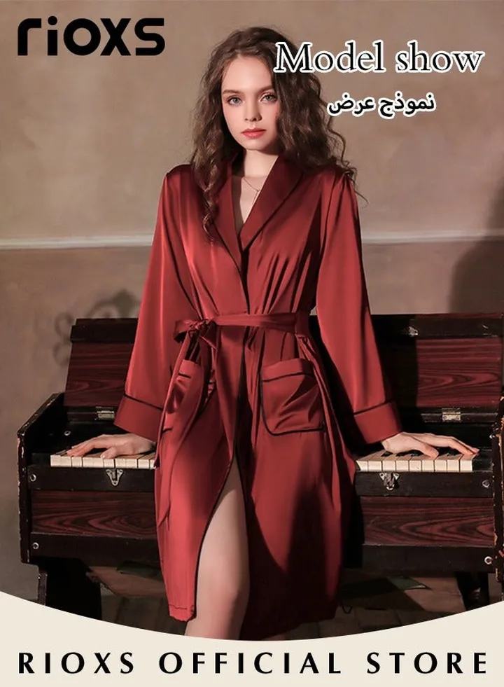 Women's Silky Robe Lightweight Kimono Bathrobe Long Belted Sleepwear Soft Loungewear With Pockets And Belts