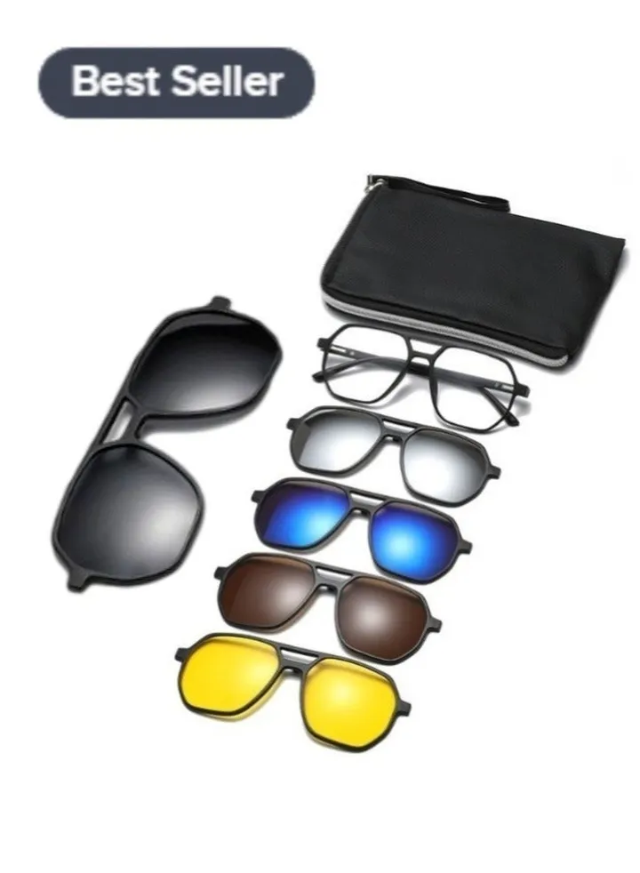 Polarized Sunglasses Men's Magnetic Sleeve Mirror Sunscreen Fashion Sunglasses Women's Premium Sense Double Bridge Glasses Frame UV Protection 1 Frame Glasses + 5 Clip Sunglasses Storage Bag