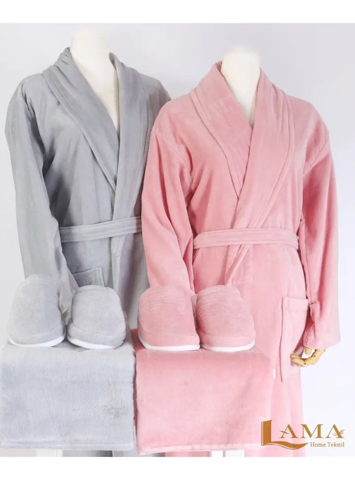 Set bath Robe Grey and Pink Cables
