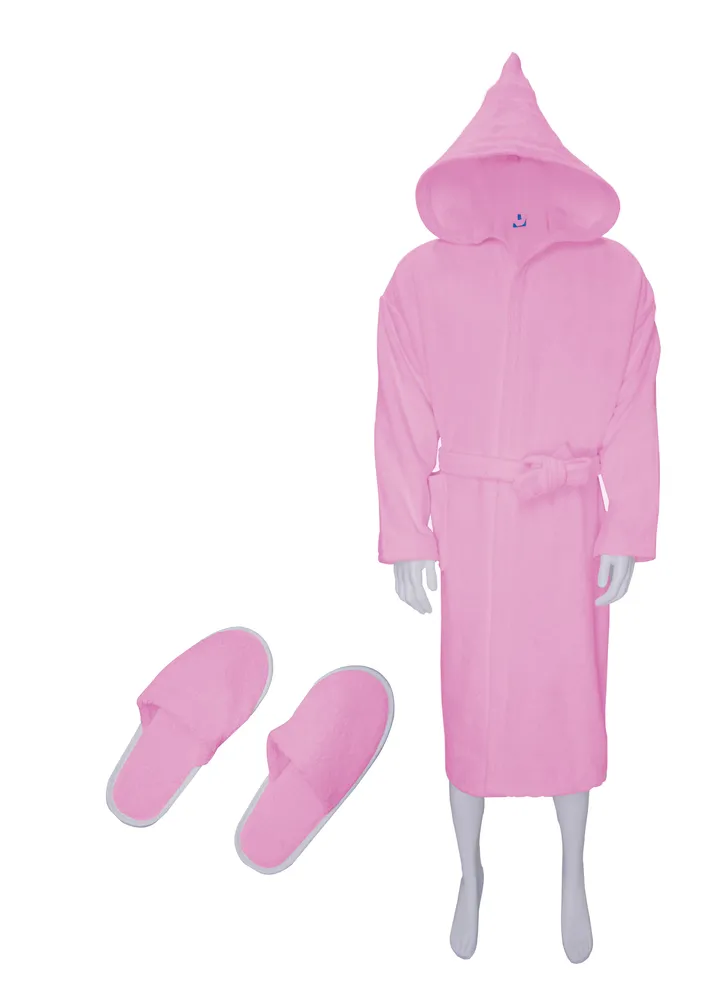 Soft cotton unisex bathrobe with a pocket and a waist belt with a distinctive slipper in an elegant design, multi-size, pink