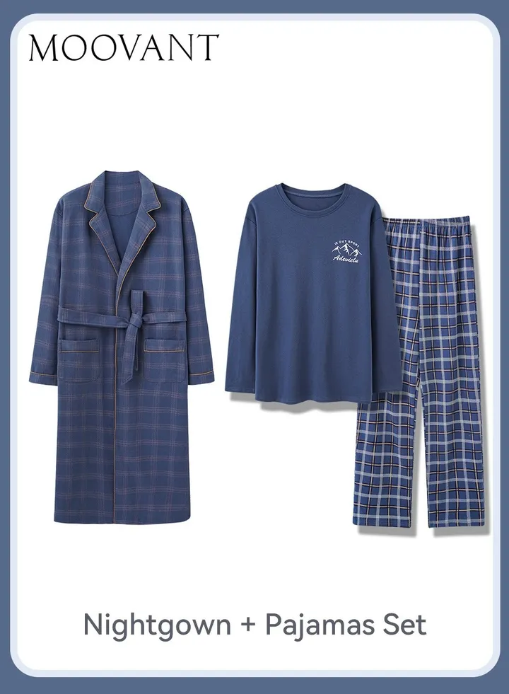 3-Piece Men's Pajamas Set Skin-friendly Cotton Home Wear Set Lattice Simple Robe Long Cotton Sleepwear Suit Soft Men Pyjamas Set Loose Skin Friendly Loungewear Blue