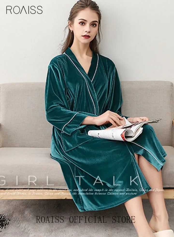 Men's Flannel Nightgown with Waist Belt Long-Sleeved Bathrobes Soft Loose Breathable V-neck Robe Loungewear Male Sleepwear autumn-winter Kimono Home Clothes