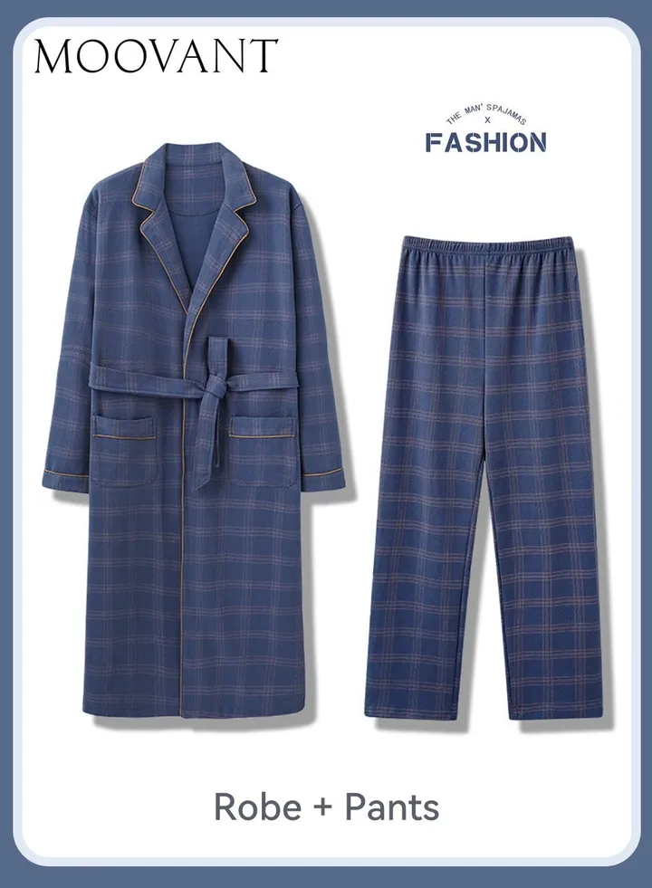 2-Piece Men's Pajamas Set Skin-friendly Cotton Home Wear Set Lattice Simple Robe Long Cotton Sleepwear Pants Suit Soft Men Pyjamas Set Comfortable Loose Loungewear Blue