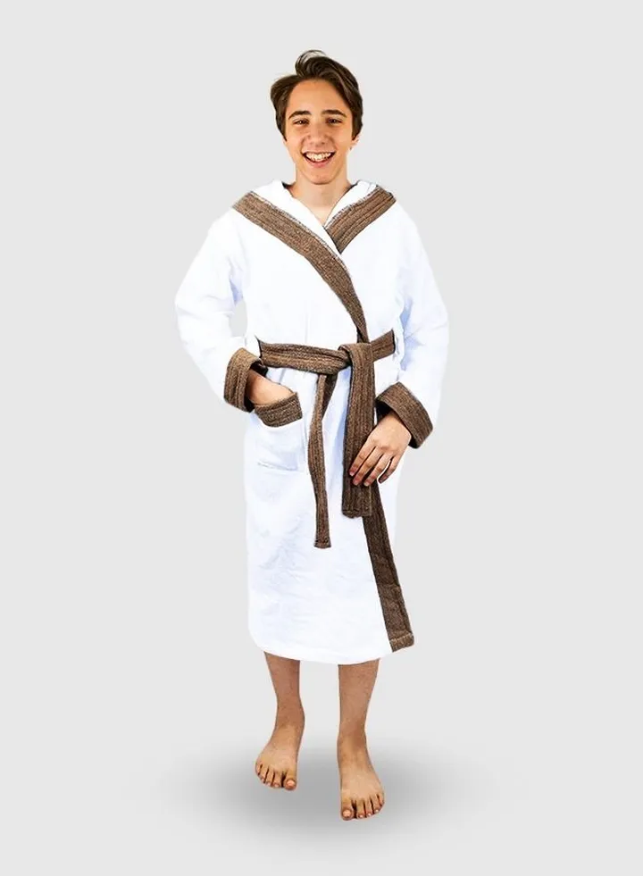 Children's bathrobe, made of cotton, white, with a hood, for girls and boys