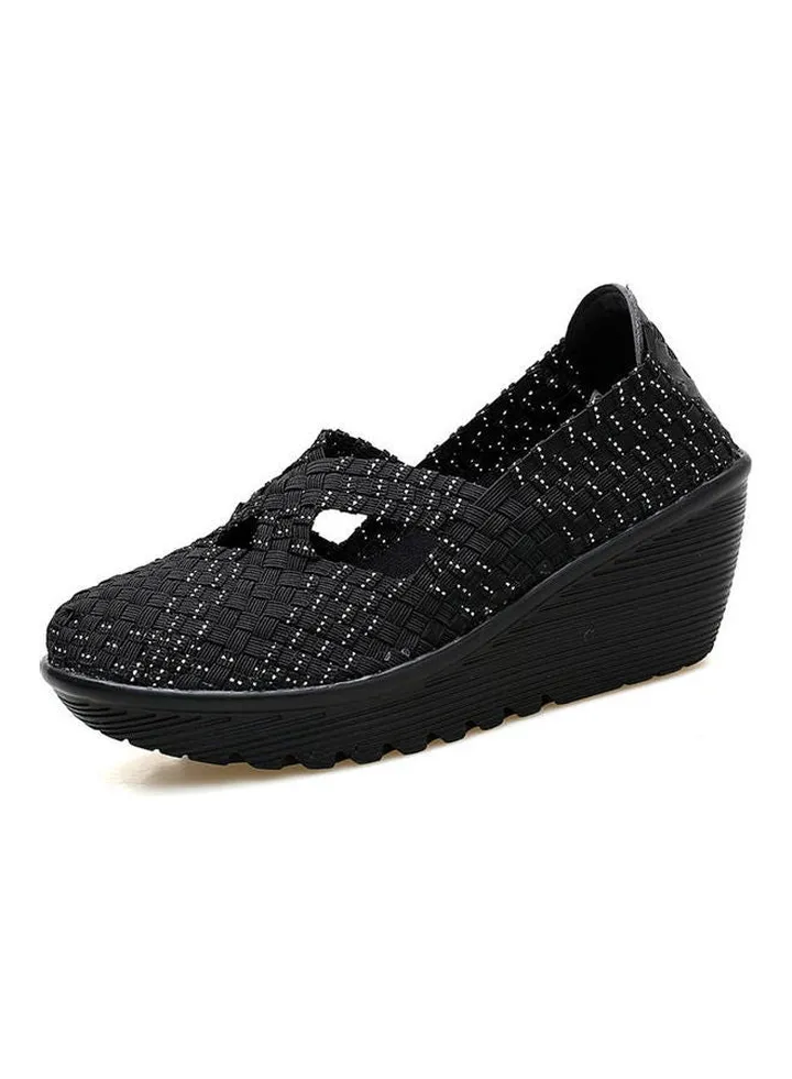 Round Toe Slip-On Wedge Sandals Black
