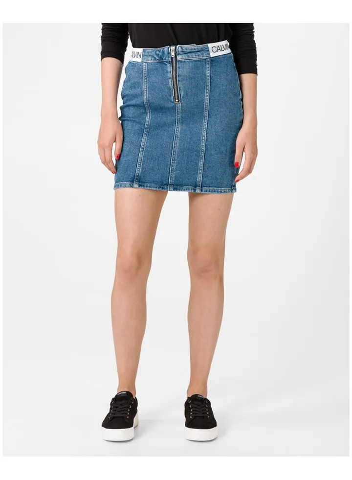 Logo Band Zip Through Denim Skirt Ice Mid Blue/White