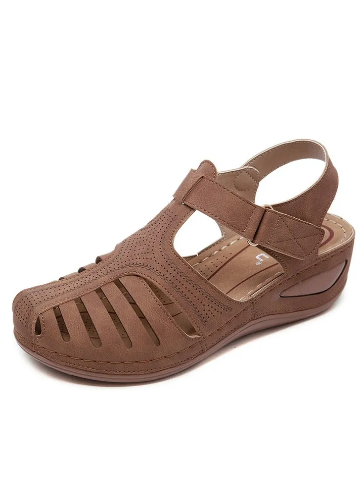 Summer Hollow Out Retro Wedge Sandals Brown