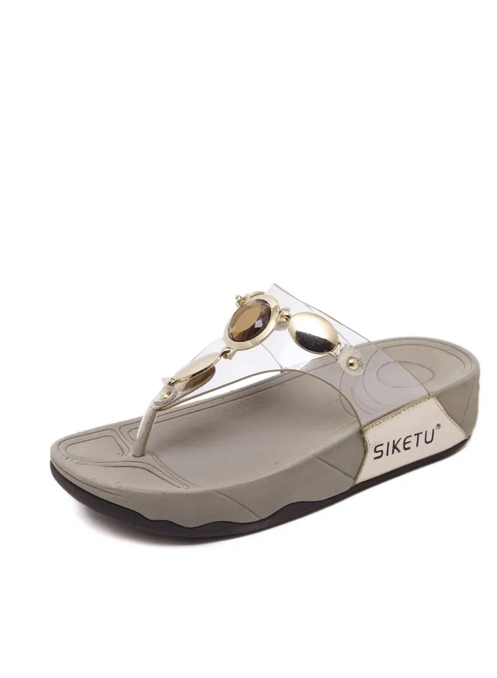 Glass Rhinestone Metal Clasp Flops Transparent Plastic Flip Flops Sandals Brown