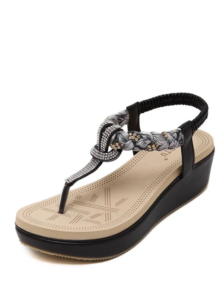 Ethnic Wave Bohemians Rhinorrhea Sandals Wedges Black