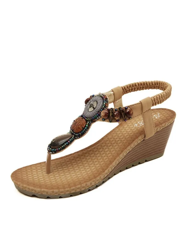 Beach Beach Bohemian Vintage Beaded Wedge Sandals Brown