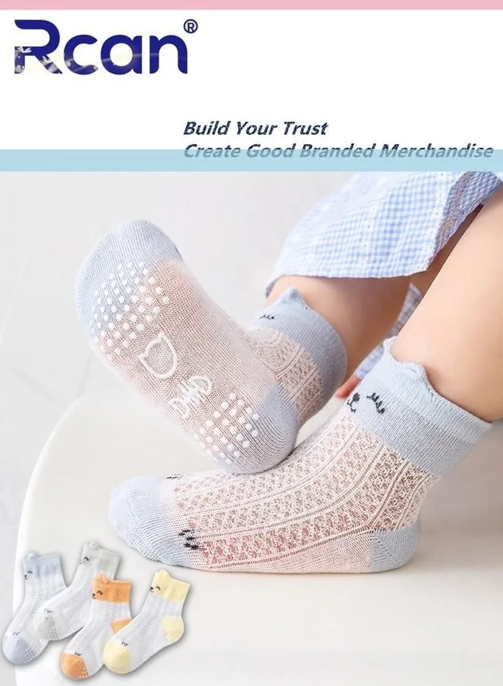 4 Pairs Baby Silicone Non-Slip Socks Thin Children Cotton Socks Cartoon Mesh Toddler Floor Socks