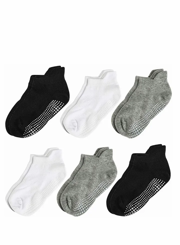 Baby Non-Skid Socks, Unisex Cotton Half Cushion Grip Ankle Socks Infants and Toddlers with Non Skid Soles for Kids Boys Girls(6 Pair Pack,L)