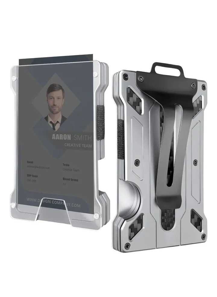 Wallet For Men Slim Aluminum Metal Money Clip with Transparent Work RFID Metal Wallet Work ID Card Holder Business Card Holder with Clear Window ID Badge Clip Cash Card Slim Minimalist Wallet