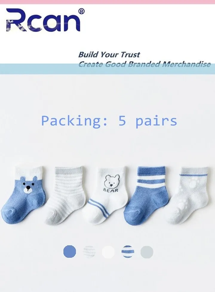 5 Pairs Cartoon Printing Thin Mesh Breathable Stretch Cotton Socks Set Middle Tube for Baby Unisex XS S M