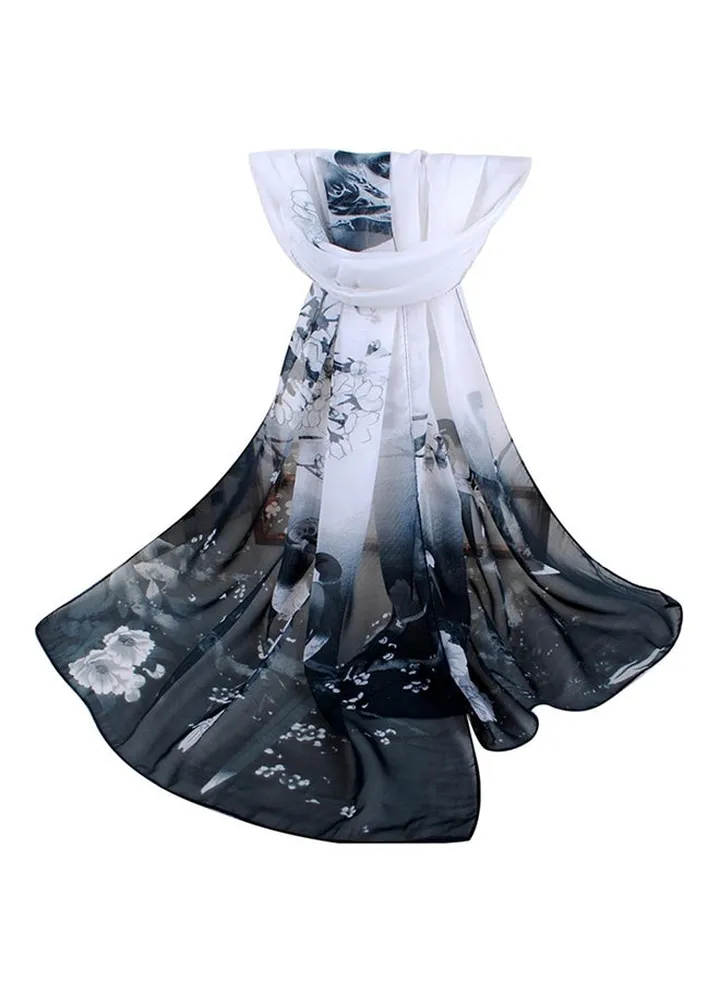 Floral Printed Long Scarf Black/White