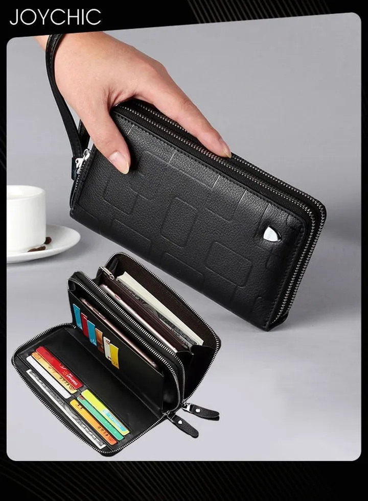 Genuine Leather Waterproof Men's Wallet Long Zipper Clutch Leather Geometric Mobile Phone Bag Multi-Classified Casual Small Handbag for Travel Business Shopping Black
