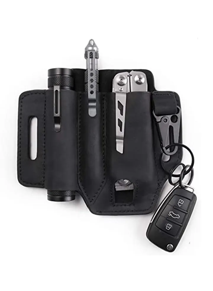 Multitool Sheath for Belt, Leather EDC Pocket Organizer for Men, Leather Man Sheath with Pen Holder, Key Fob Flashlight Sheath Flashlight Multitool Knives Pen EDC Leather Pouch Black