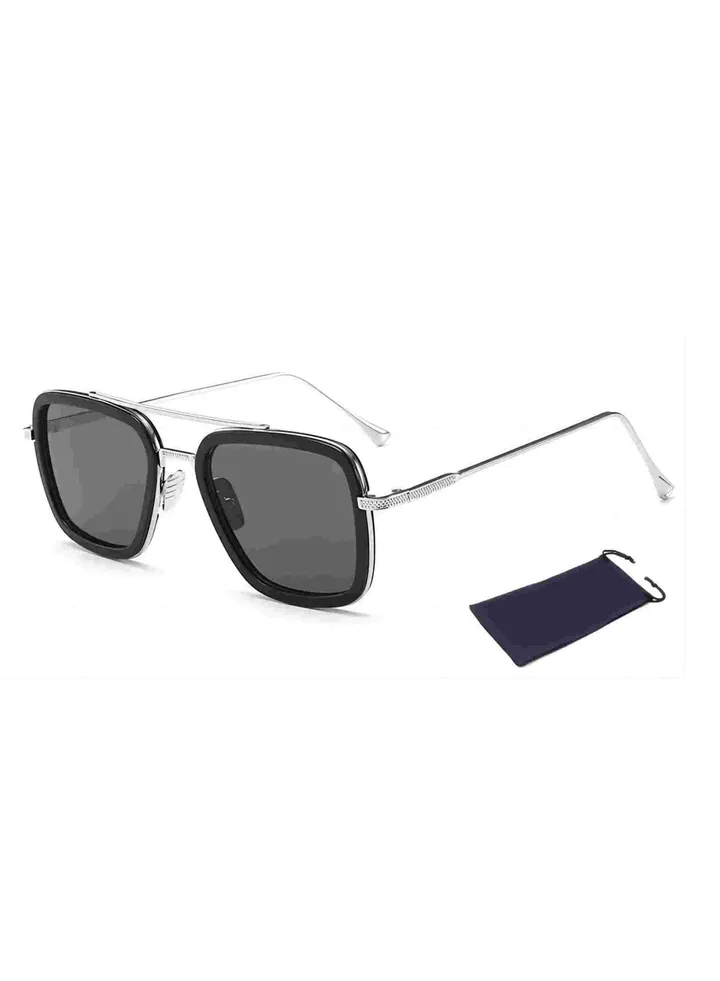 Men'S And Women'S Sunglasses, Retro Square Metal Frame Glasses, Silver Gray