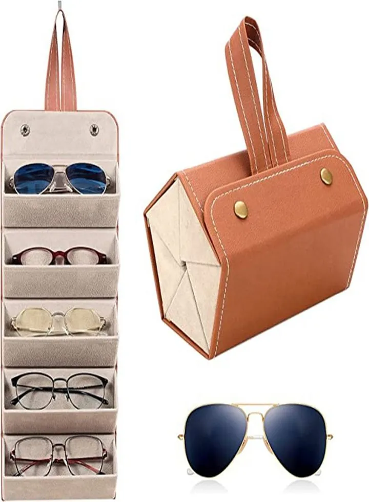 Sunglasses Organizer Travel Case, 5 Slots Portable Foldable Eyewear Glasses Storage Box, Glasses Display Holder, Leather Multiple Glasses Storage Case, Keep Glasses Organised at Home Travel
