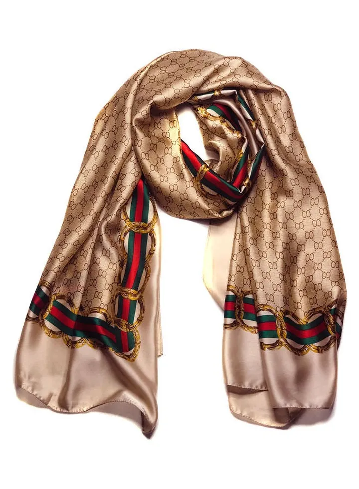 Multiuse Scarves For Ladies Retro Classic Chain Border Sandy Print Brown