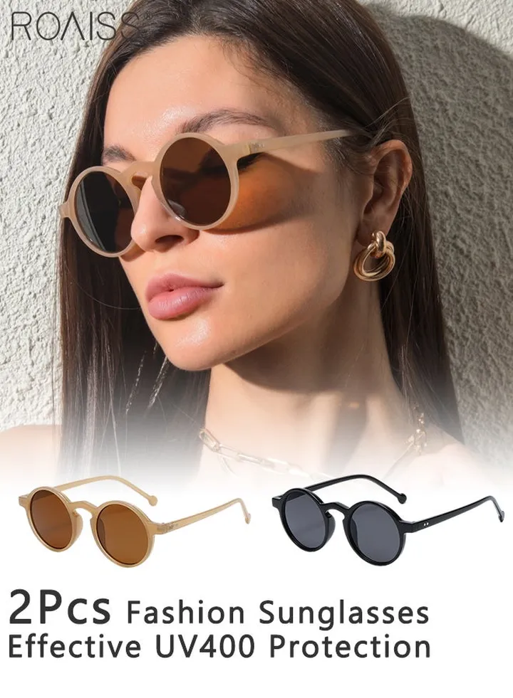2Pcs Round Sunglasses for Men Women, UV400 Protection Sun Glasses, Fashion Decorative Eyewear for Outdoor Party Street Photography, Bright Black and Light Brown