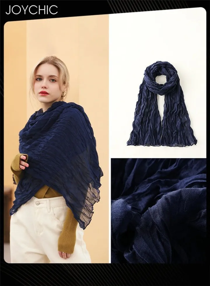 Women Versatile Spring Solid Color Cotton and Linen Silk Scarves Muslim Gauze Scarf Baotou Beach Sun Protection Lightweight Long Scarf Shawl Multifunctional for Everyday Use Navy