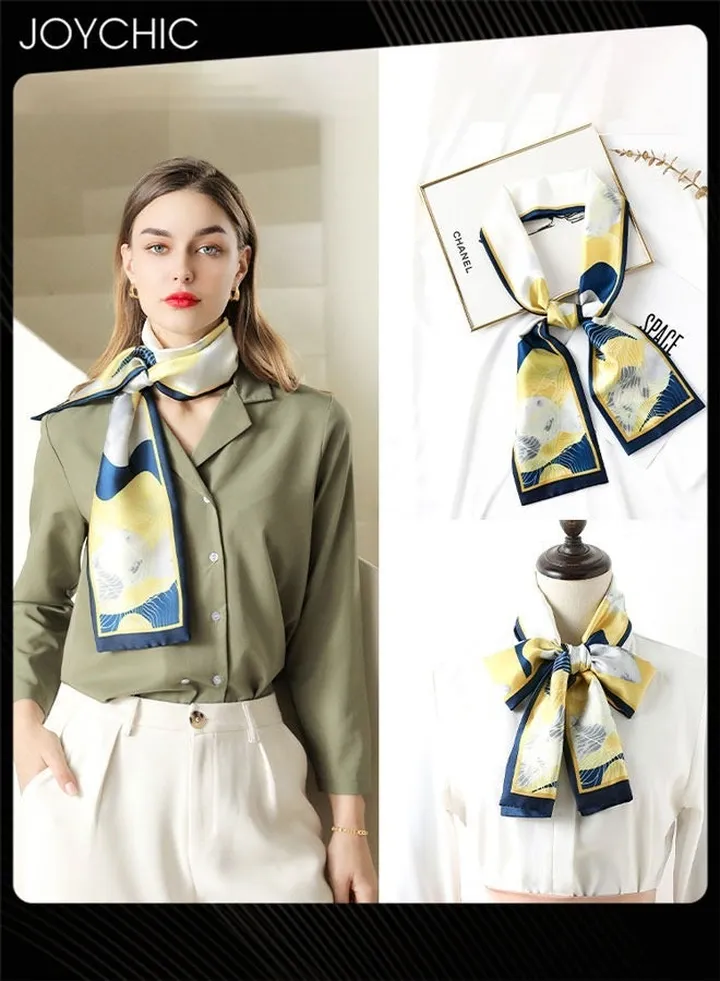 Spring and Summer Fashion Print Long Silk Scarf for Women Sweet Floral Tied Silk Scarf Decorated Headscarf Sun Protection Lightweight