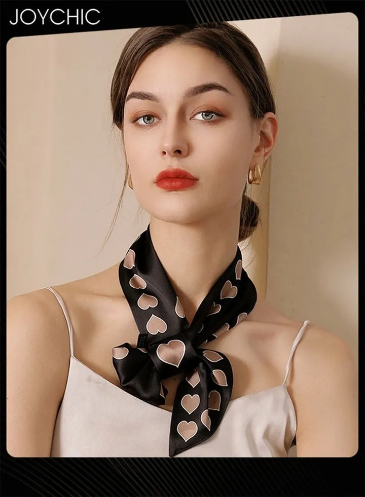 Women Summer Small Square Scarf Sun Protection Scarf Rolled-edge Plain Love Ear Printed Silk scarf Decorated Headscarf Black