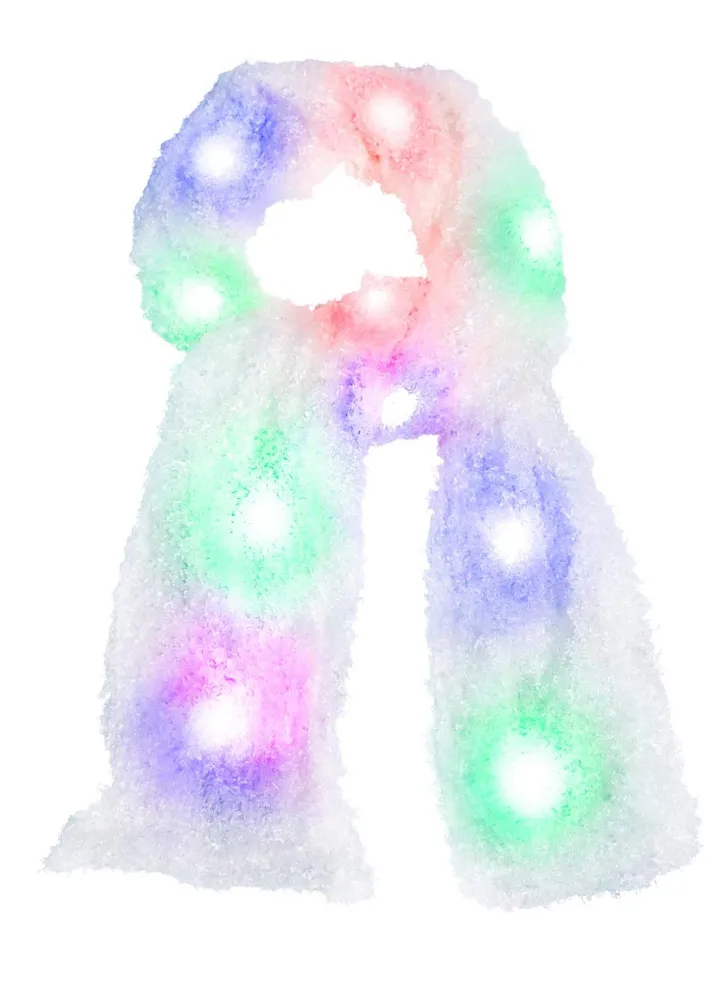LED Plush Scarf for Women Rainbow Neon Rave Fluffy 80s Dance Scarf Sparkly Light Up Jacket White Furry Rave Scarf Costumes Dance Coat Burning man Scarf Light Up Clothing Accessories