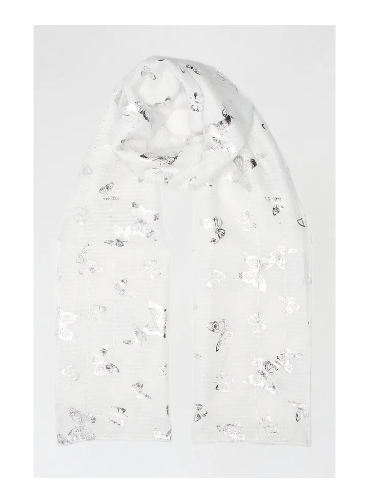 White Sequin Butterfly Foil Scarf