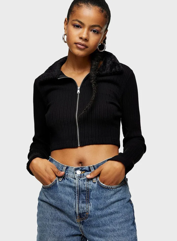 Zip Through Ribbed Top