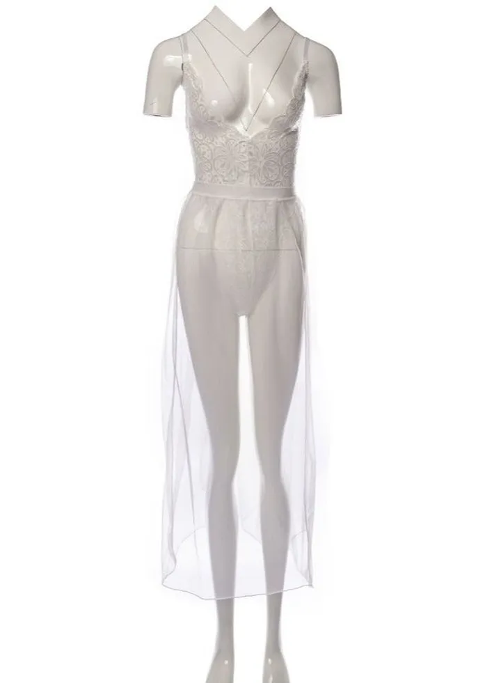 2-Piece Women Bobysuit Mesh Skirts Lace Lingerie Set