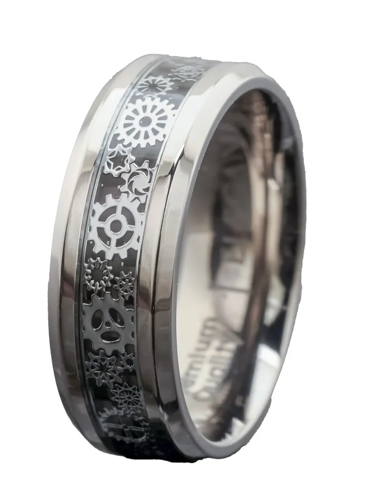 Elegant Bear Engagement silver A titanium ring inlaid with black carbon fiber and gears