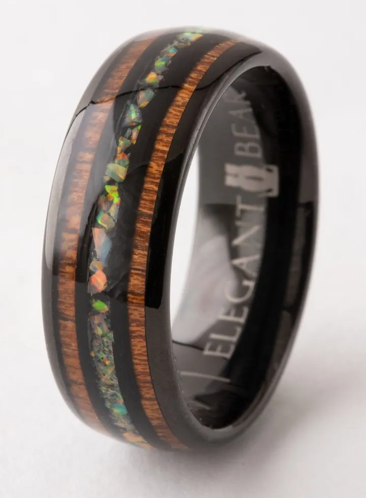 Engagement Tungsten Ring Inlaid With Koa Wood And Fire Opal