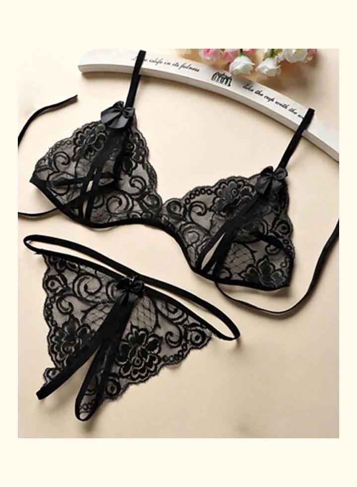 Women Fashion Babydoll Sleepwear Underwear Bra G-string Open Crotch Gift Black
