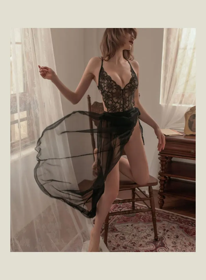 2-Piece Bobysuit Mesh Skirts Lace Lingerie Set Black