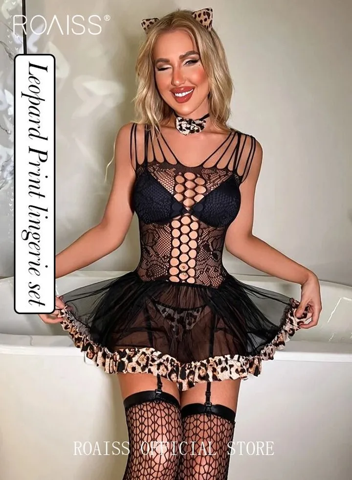 Six Piece Leopard Print Lingerie Cut Out Contrast Lace Animal Costume Set for Women Bodysuit for Ladies Wife Girlfriend Hollow Out Design Dress