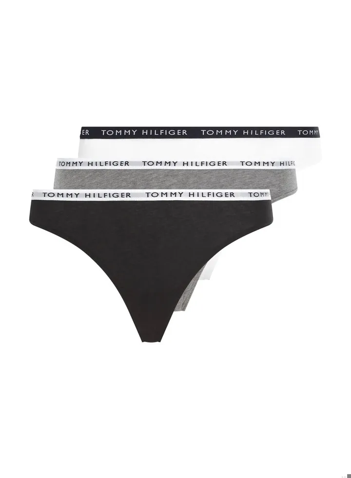 Women's 3-Pack Logo Waistband Thongs Underwear Bottoms, Grey/ White/ Black
