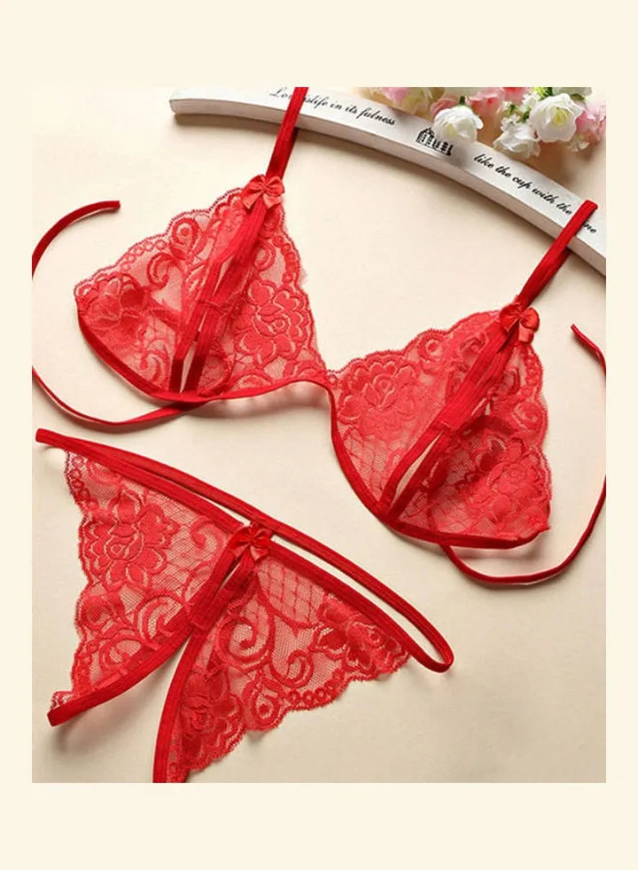 Women Fashion Babydoll Sleepwear Underwear Bra G-string Open Crotch Gift Bra+knickers--red