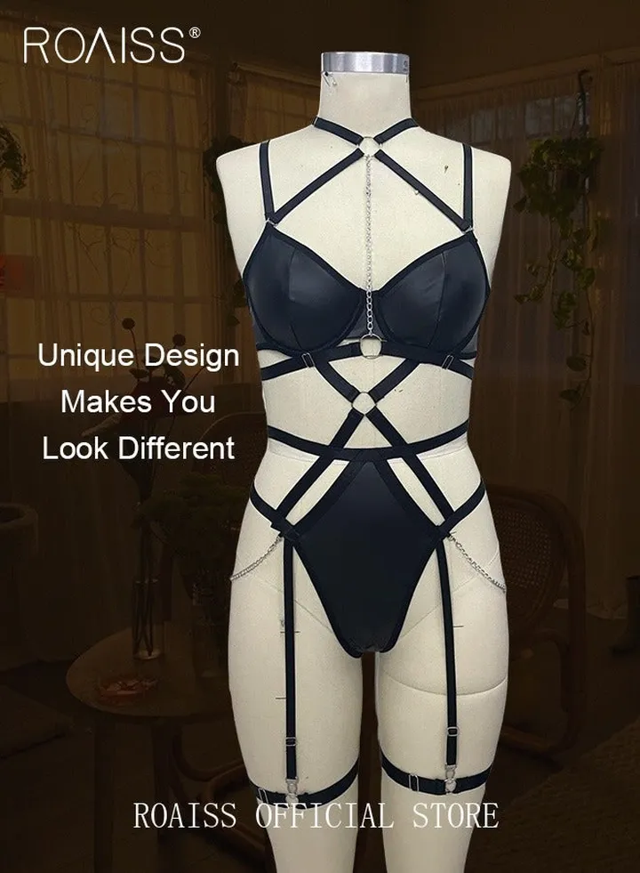 Patent Ring Detail Harness Garter Lingerie Set Strappy Underwear Metal Chain Leather One Piece Bodysuit Gift for Ladies Wife Girlfriend