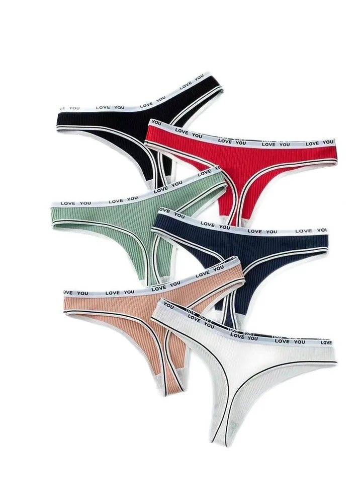 Zeemey 6-Piece Cotton Seamless Sports Thongs, Comfy Low Waist Letter Print Thong Intimates Panties