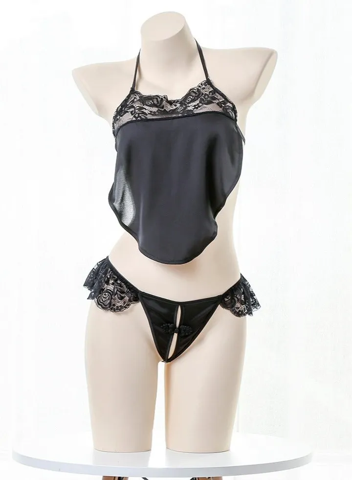 Women Retro Bowknot Suspender Bellyband Lingerie Set Black