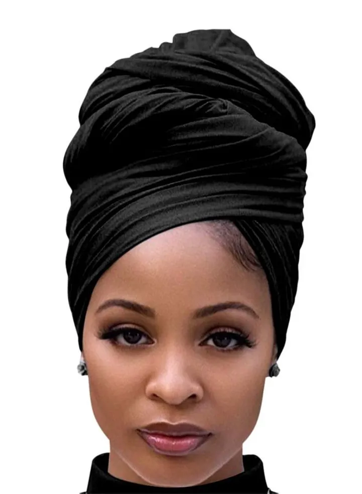 Black Hair Wrap For Women Long Stretch Jersey Head Scarf Summer Breathable Lightweight Turban Solid Color