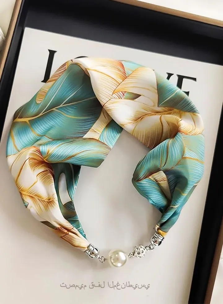 Small Silk Scarf, Women Multifunction All-match Decoration Hair Tie Fashion Retro Headwear Pearl magnetic buckle 21"*6" or 55*15 cm
