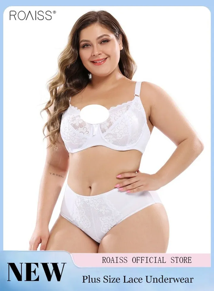 Women'S 2-Piece Lace Underwear Set Plus Size Light Bra With No Bra Pad And Built-In Steel Ring High Waisted Satin Lace Patchwork Underwear